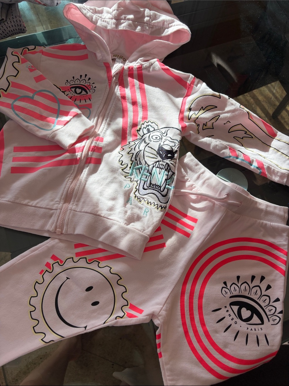 Kenzo Pink & Neon Pink Graphic Hoodie and Jogger Set